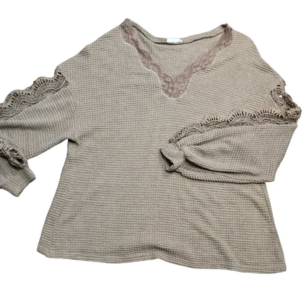 ANDTHEWHY Brown Waffle Knit Lace V-Neck Crochet Sleeve Top Oversized Large